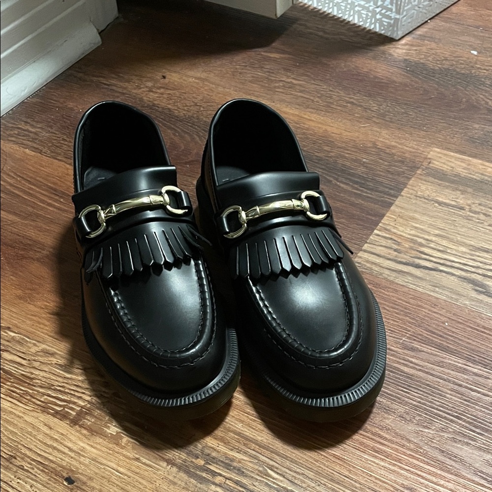 Dr. Martens Adrian Black Leather Loafers with Gold Accent
